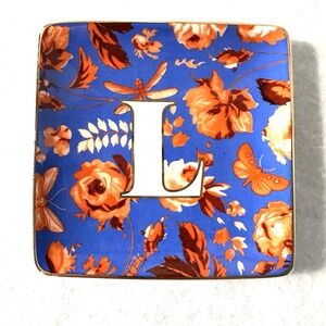 Anthropologie Monogramed Floral Ceramic Trinket Dish Letter L Blue Orange Square